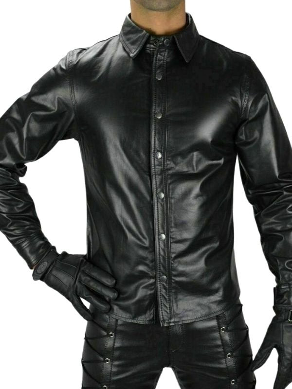 Men's Black Genuine Leather Long Sleeves Shirt