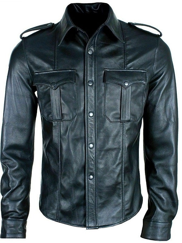 Premium Black Leather Men's Police Shirt - Long Sleeves