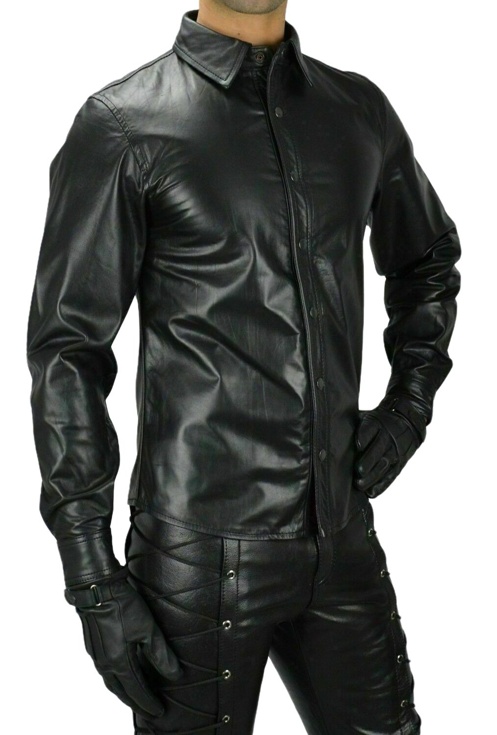 Men's Black Genuine Leather Long Sleeves Shirt