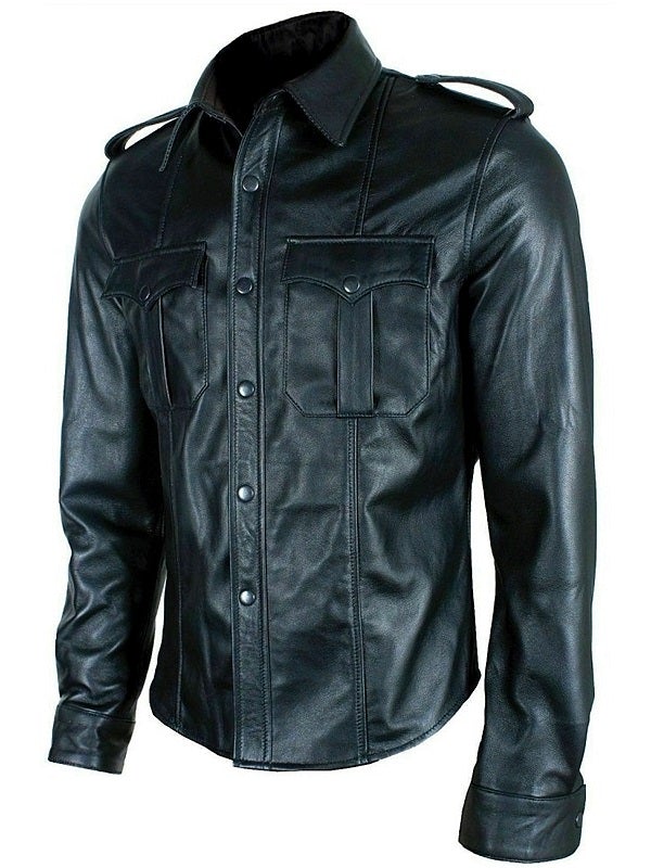 Premium Black Leather Men's Police Shirt - Long Sleeves