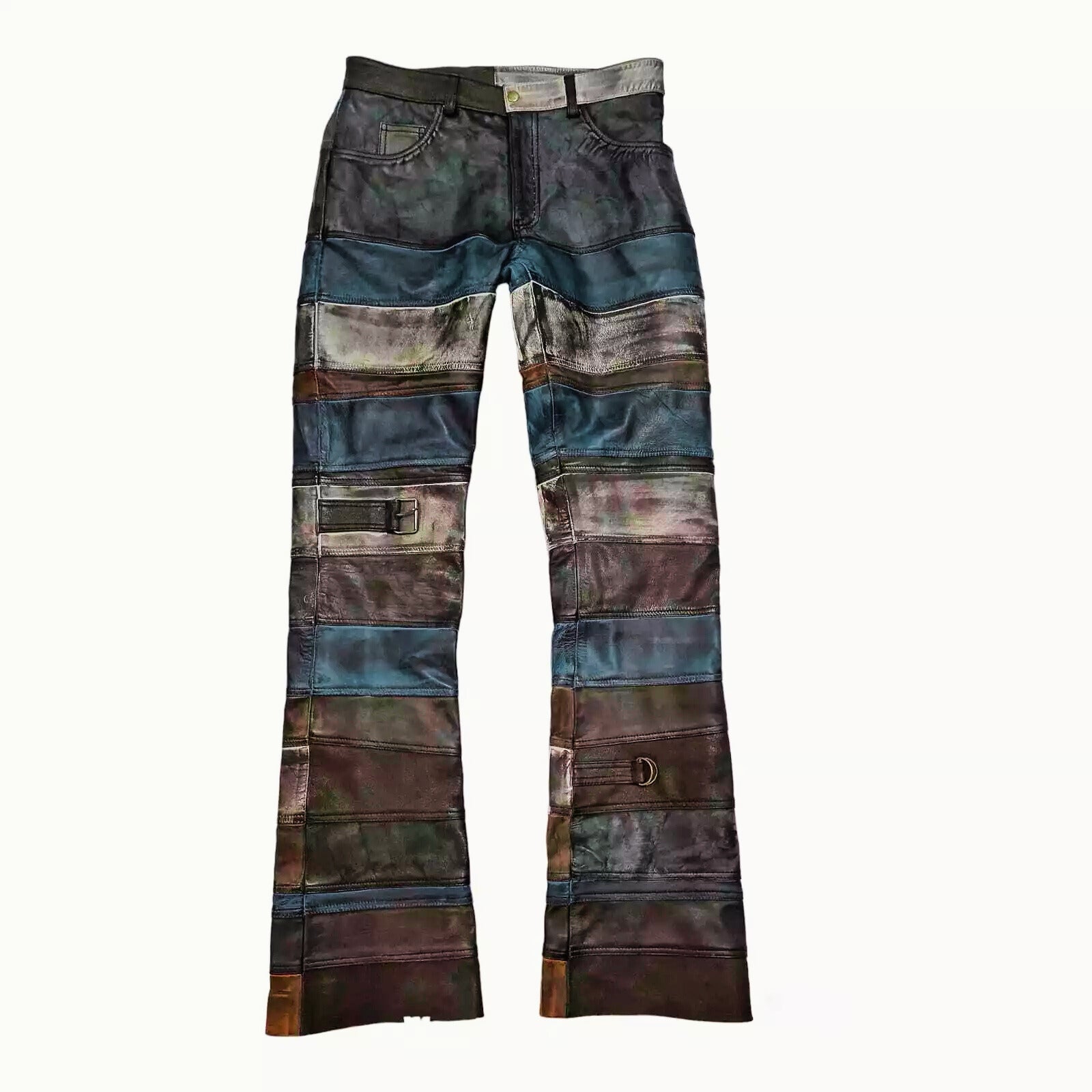 Men's Distressed Patchwork Real Leather Pants - Multi-Tonal Design, Handcrafted, Durable