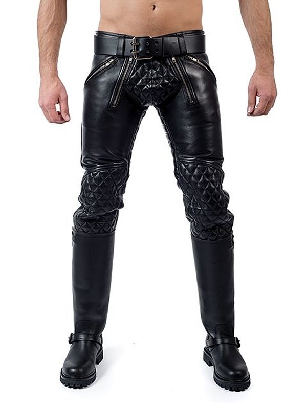 Front view of Men's Quilted Leather Biker Pants featuring premium black full-grain leather, quilted detailing on thighs and knees, adjustable waistband with belt, and slim-fit design.