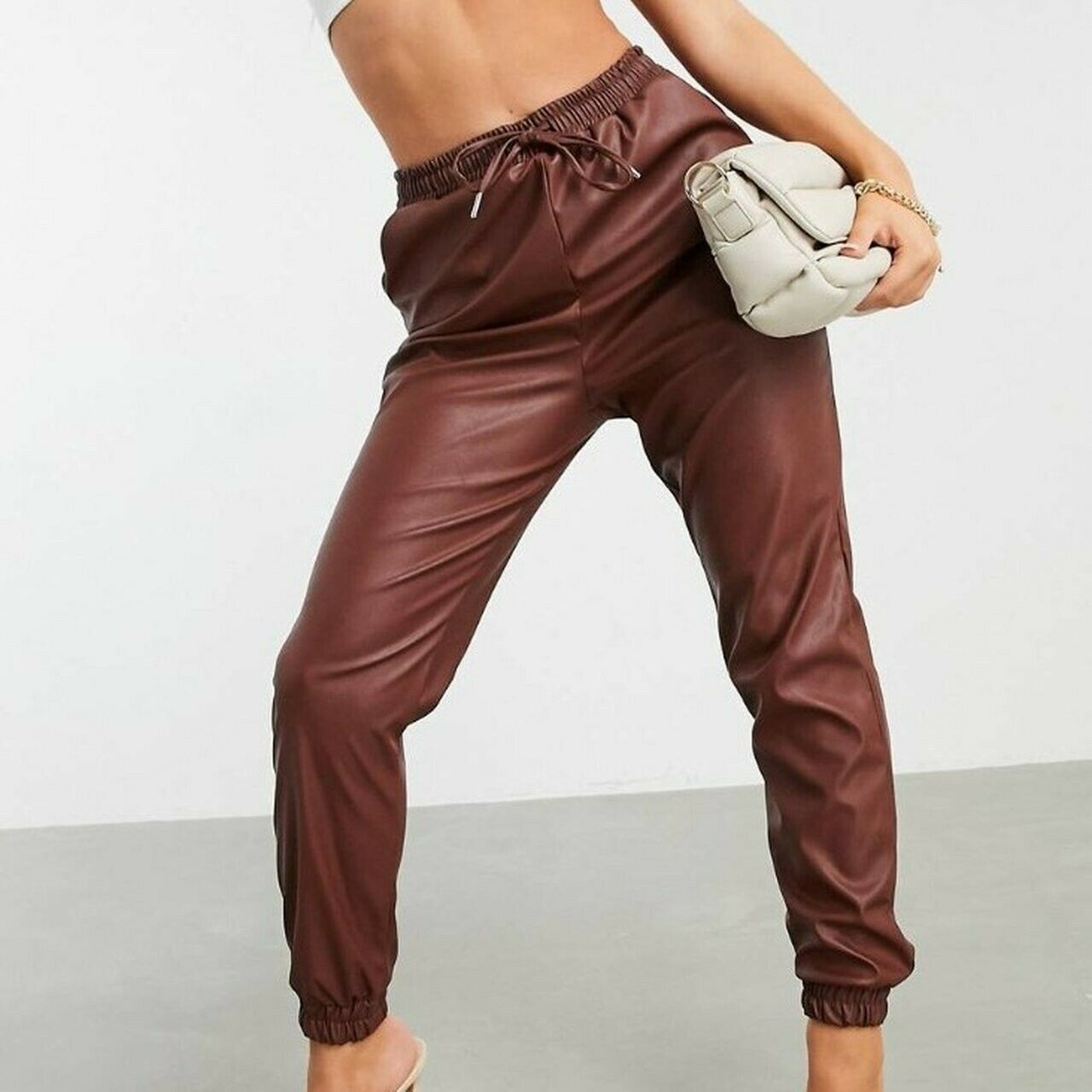 Chic Brown Faux Leather Joggers - Casual Luxury Drawstring Pants for Women