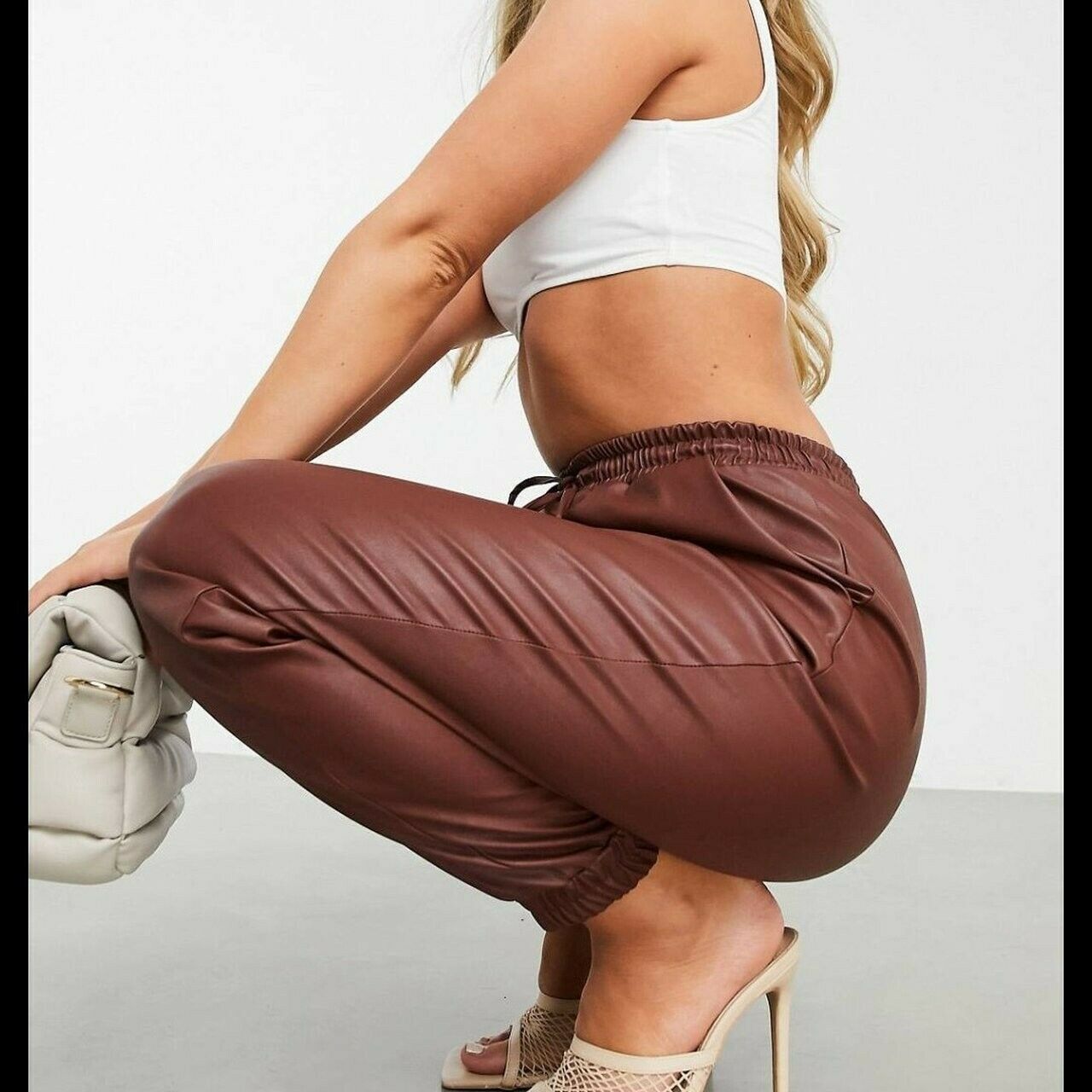 Chic Brown Faux Leather Joggers - Casual Luxury Drawstring Pants for Women