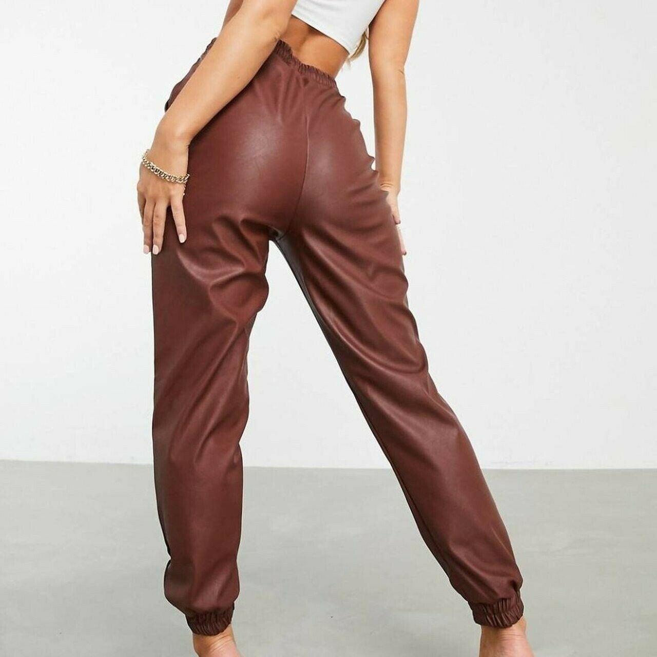 Chic Brown Faux Leather Joggers - Casual Luxury Drawstring Pants for Women