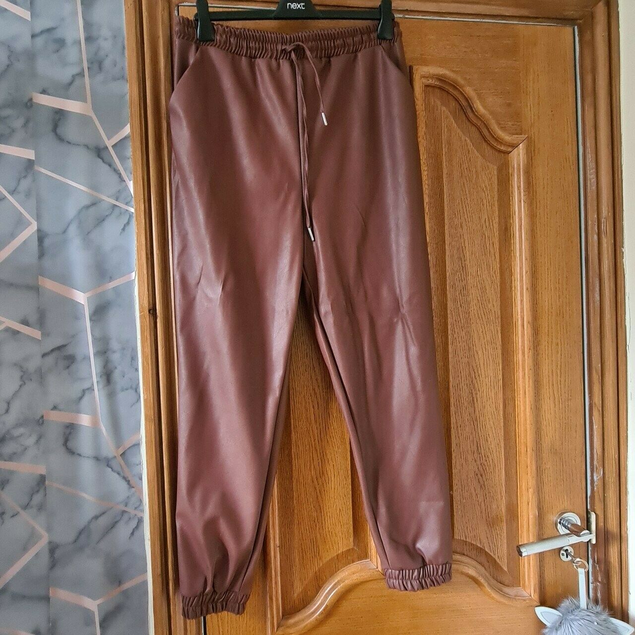 Chic Brown Faux Leather Joggers - Casual Luxury Drawstring Pants for Women