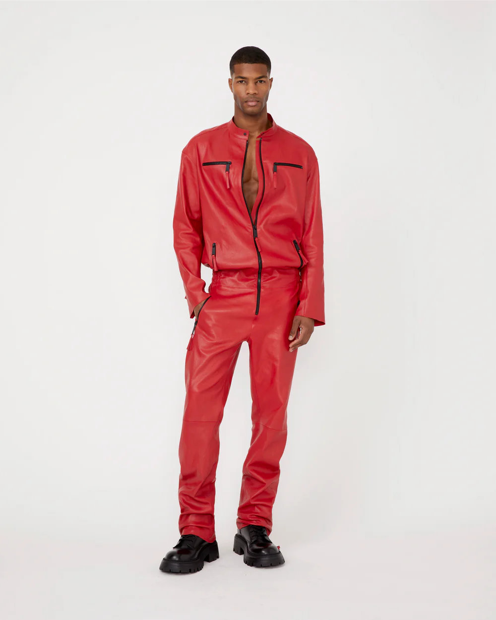 Men’s Real Leather Red Catsuit Jumpsuit – Premium Leather, Modern Fit