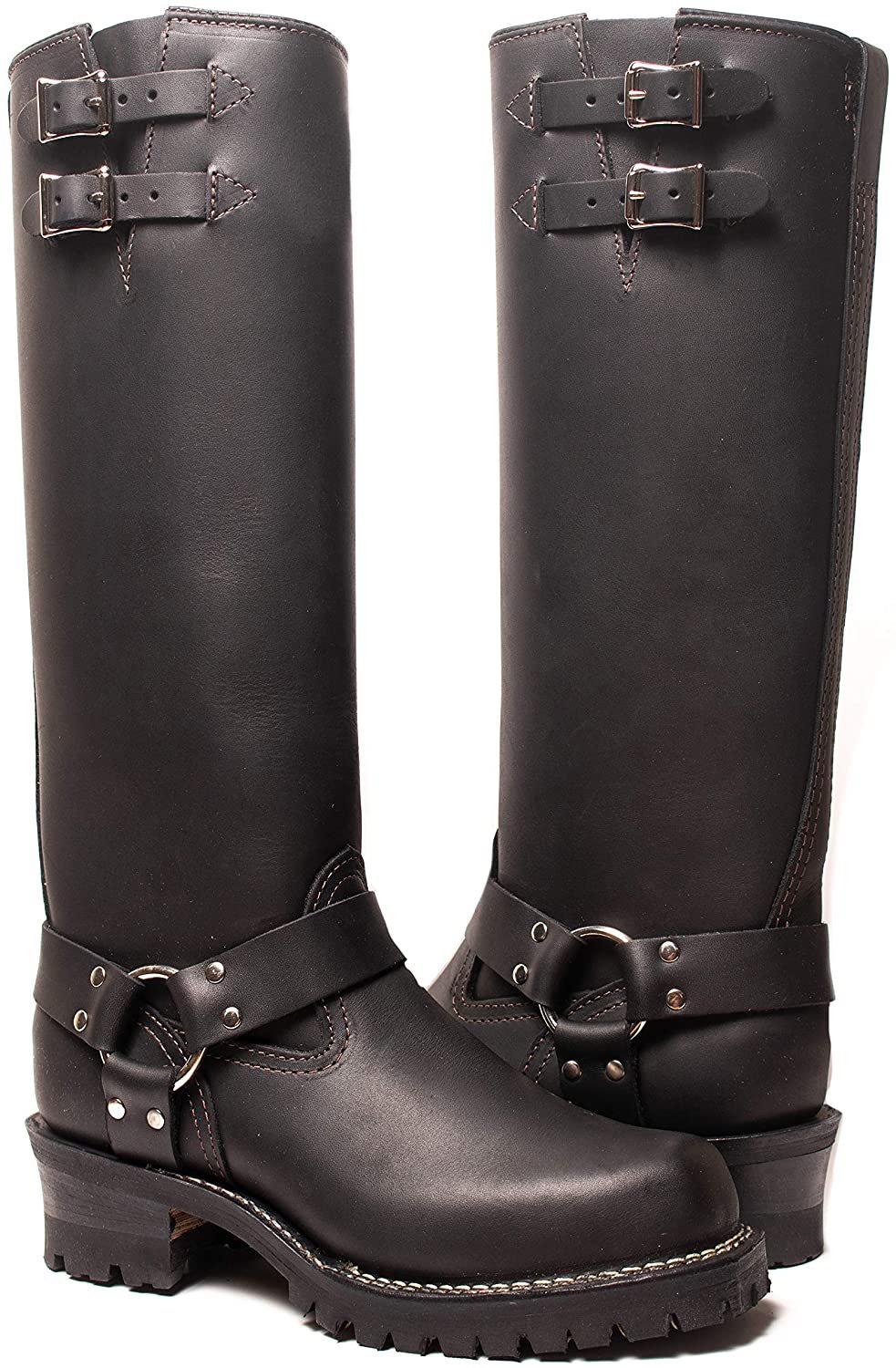 Schwarze Lederstiefel mit Doppelriemen und Harnisch